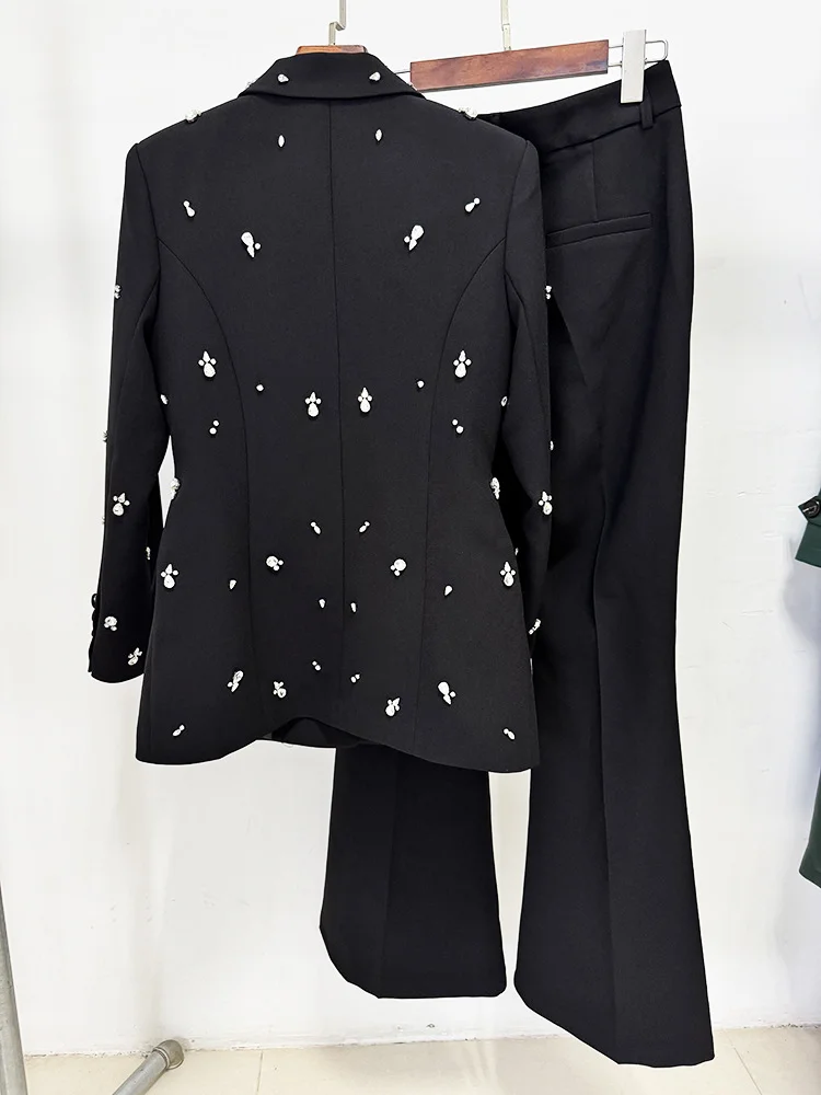 HIGH STREET Newest 2026 Stylish Designer Suit Set Women's Diamonds Beaded Blazer Pants Set 2pcs