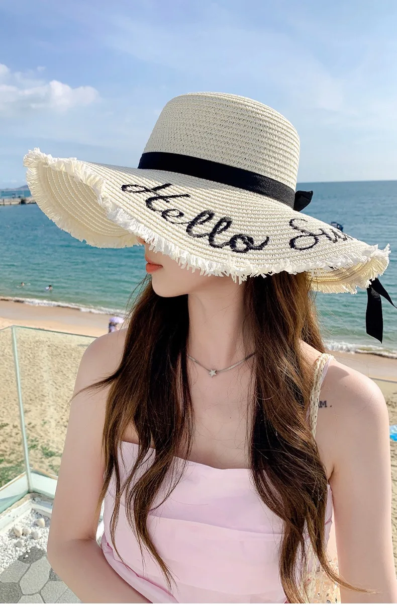 

New Korean style hat for womenfashionable letters, large brim, breathable straw hat, beach sun protection visor, summer sun hat