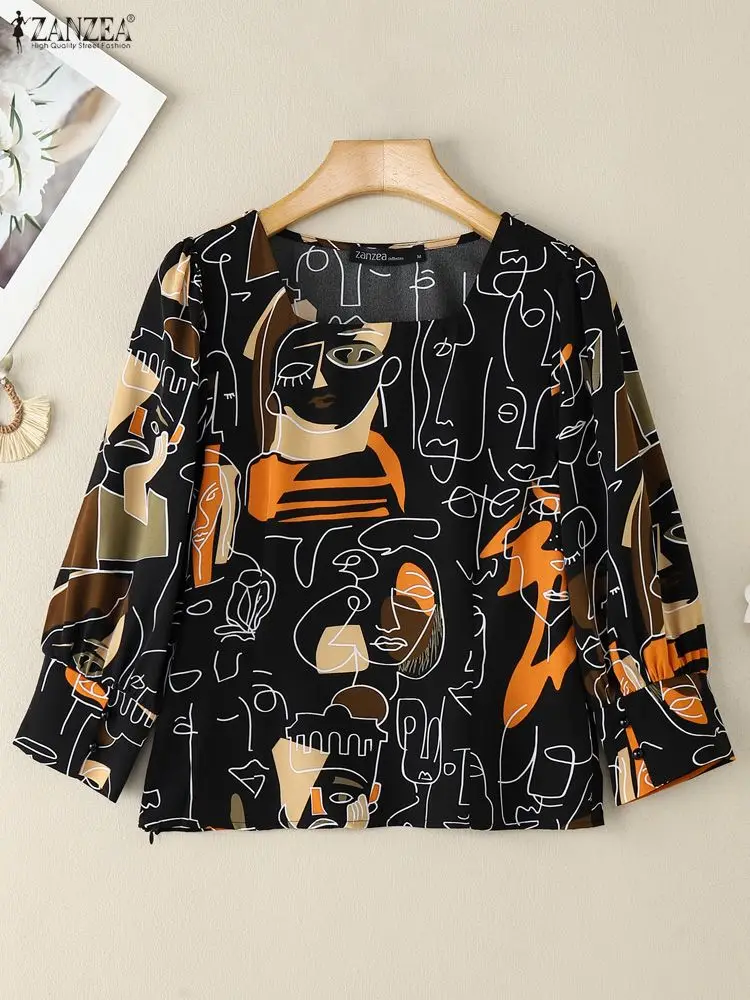 

Women's Abstract Face Printing Stylish Blouses Elegant Square Neck 3/4 Puff Sleeve Short Tops ZANZEA Fall 2025 New Woman Clothes
