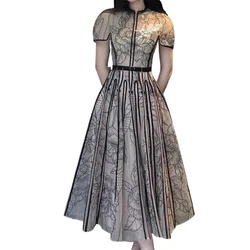 Luxury Design Black Lace Dress for Women Floral Patchwork Elegant Women's Clothing Evening Party O-neck Vintage Vestidos Belt