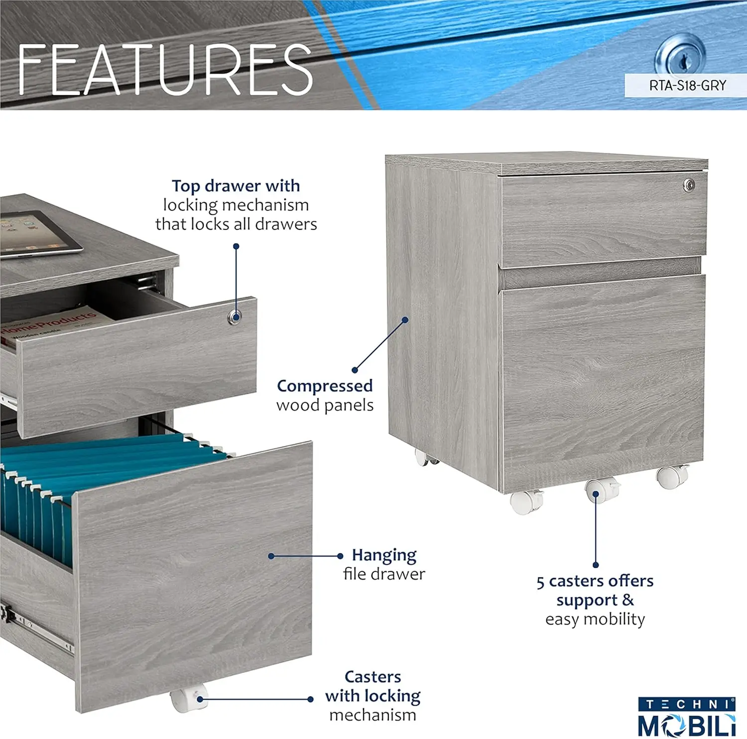 خزانة تخزين بقفل دوار مع درجين، رمادي، 15.75 بوصة طول × 17.75 بوصة عرض × 23 بوصة ارتفاع