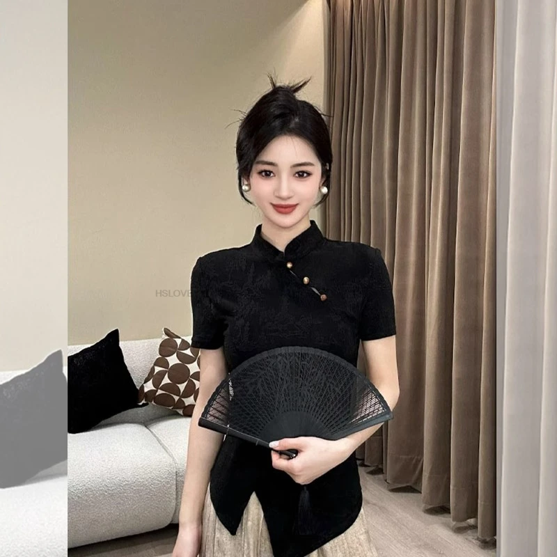 

Китайский этнический однотонный топ Ципао с принтом, сексуальная тонкая женская модная вечерняя блузка, тонкая дышащая удобная блузка