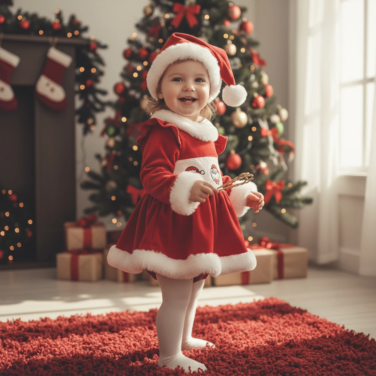 2026 سنوات جديدة عيد الميلاد طفلة عيد الميلاد الزي المطرزة فروي تقليم طاقم الرقبة طويلة الأكمام رومبير فستان وقبعة 2 قطعة مجموعة #4