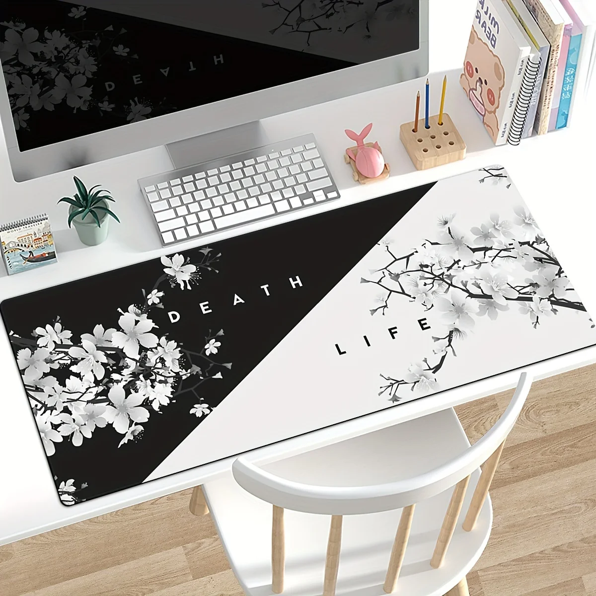 

Japan Life Death Large Keyboard Pad Black White Sakura Anime Game mouse pad Non-slip rubber Sakura mouse pad desk accessories