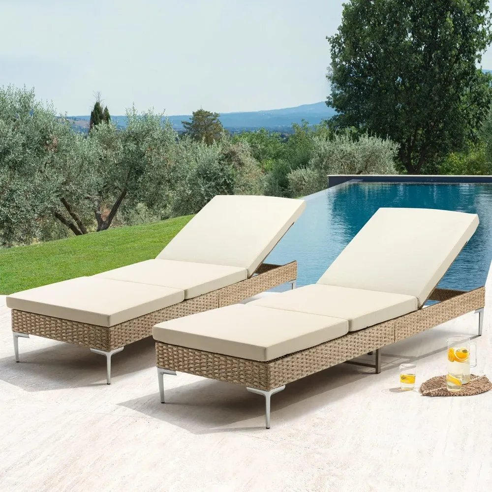 Outdoor Lounge Chairs Set of 2, Patio Wicker Chaise Lounge with Infinite Reclining Backrest, Rattan Pool Sunbathing Recliners