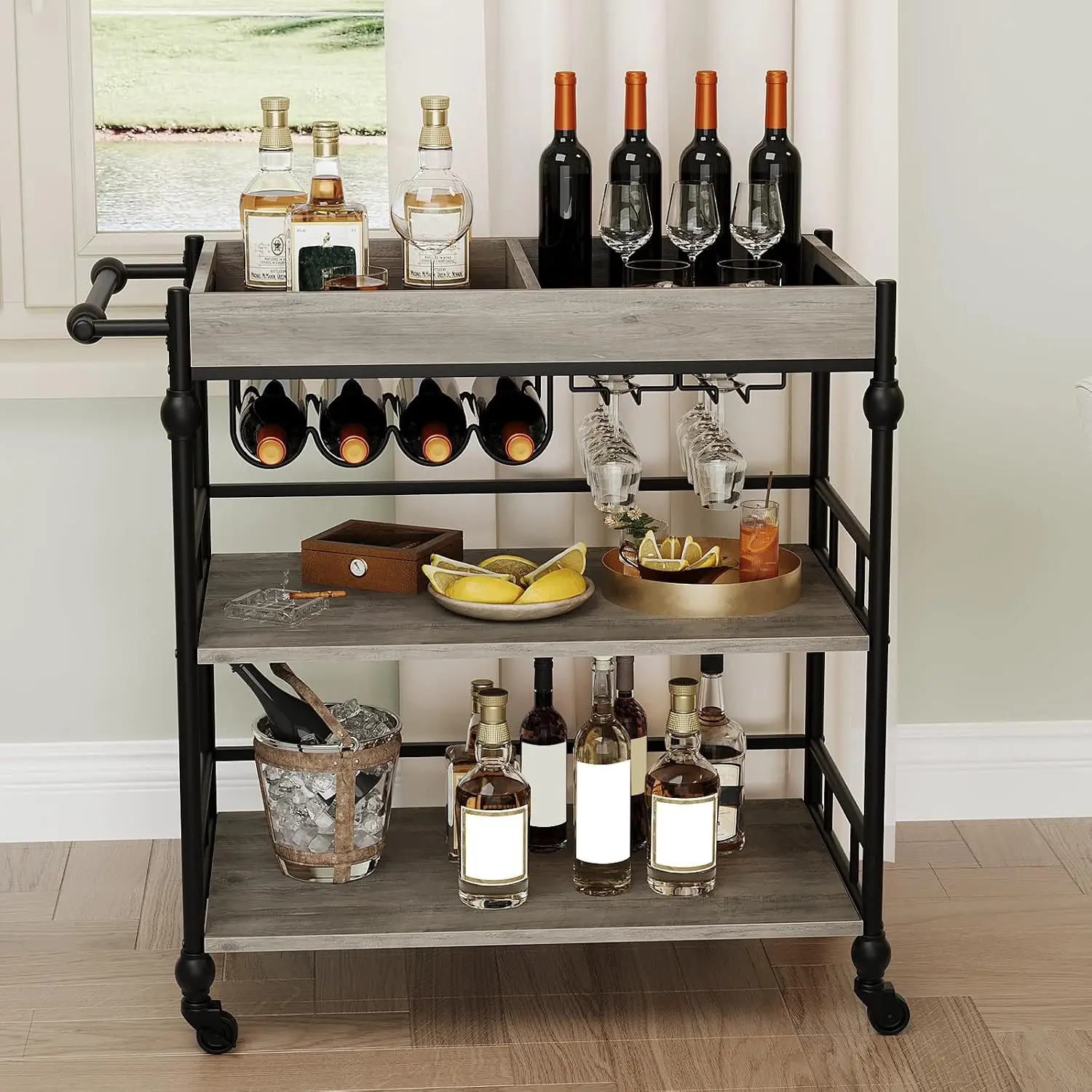 Bar Cart, 3 Tier Bar Carts for Home with Wheels, Metal Rolling Serving Cart with Wine Rack & Glass Holder, Removable Tray