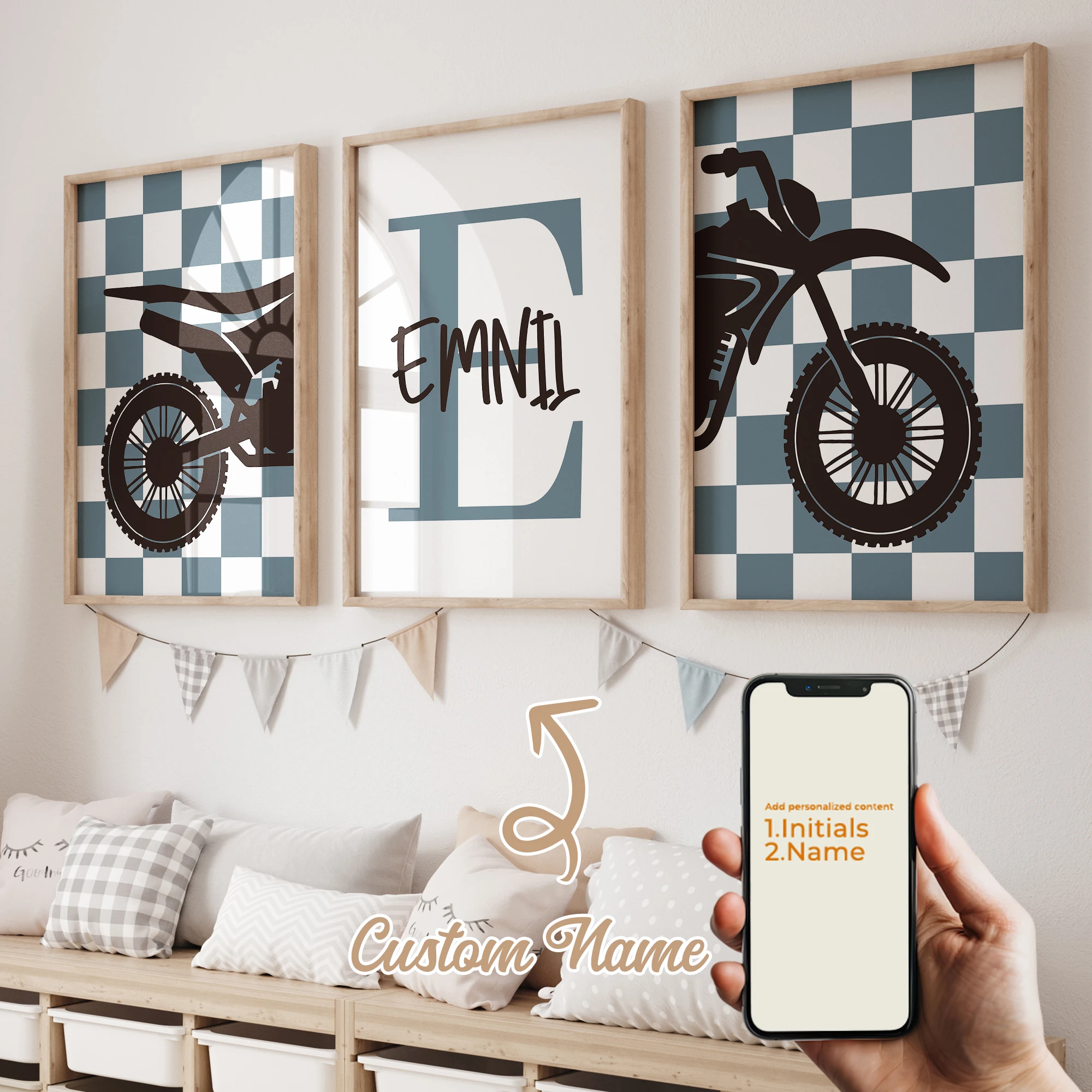 3 pezzi personalizzati nome personalizzato cartone animato bambino moto wall art stampa immagine tela poster pittura per soggiorno decorazioni per la casa