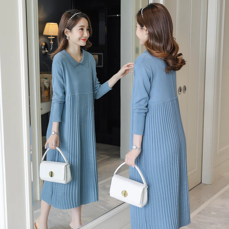 Autumn Winter Thick Warm Knitted Maternity Long Dress Sweet Clothes for Pregnant Women Winter Pleated Pregnancy Sweaters