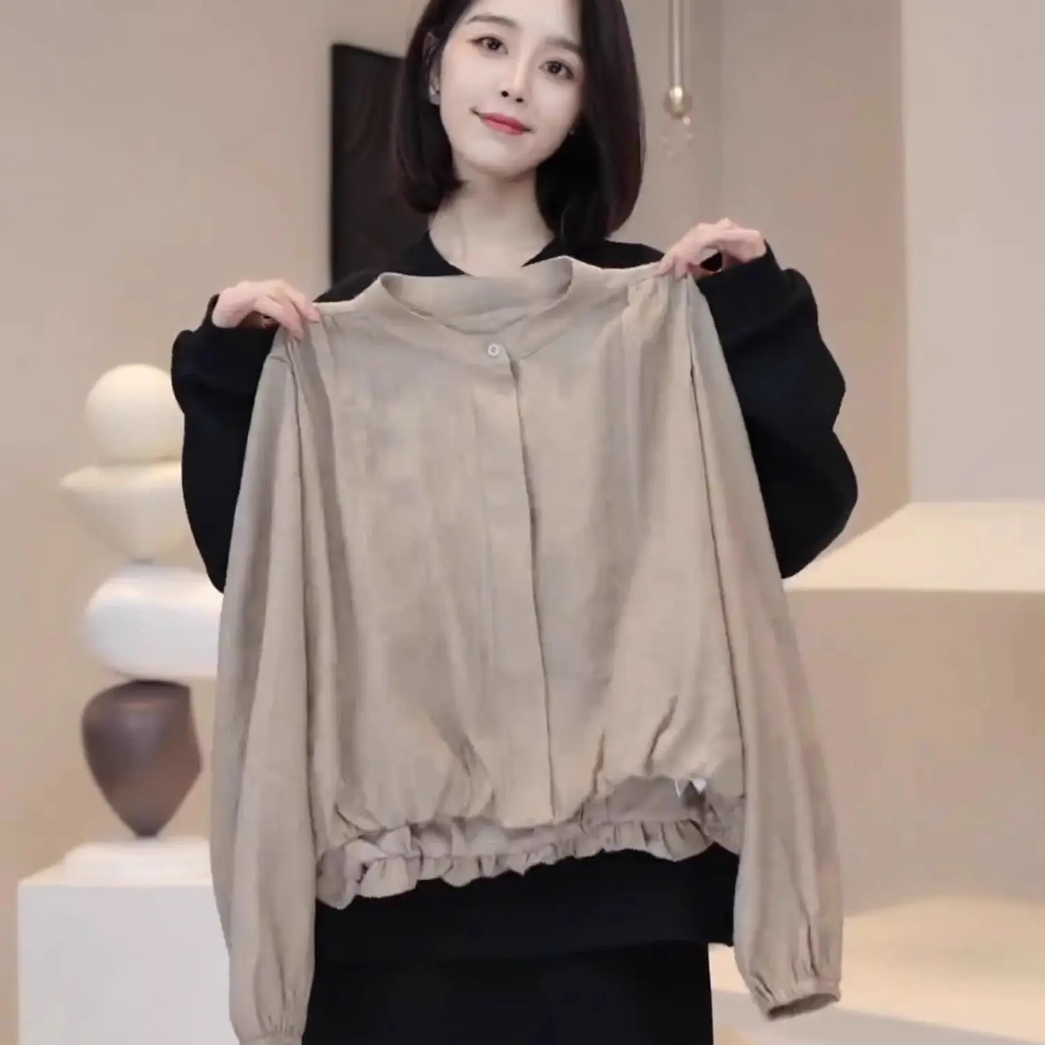 

Retro Casual Round Neck Long Sleeved Solid Color Cotton Shirt For Spring Women, New Short Top For Women, Shirt For Women