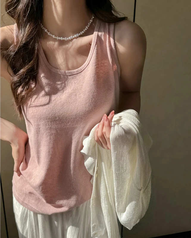 Solid Color Korean Style Loose Street Women Vest Fashion Crewneck Camisole Summer Breathable Tank Tops Casual Cotton Singlet