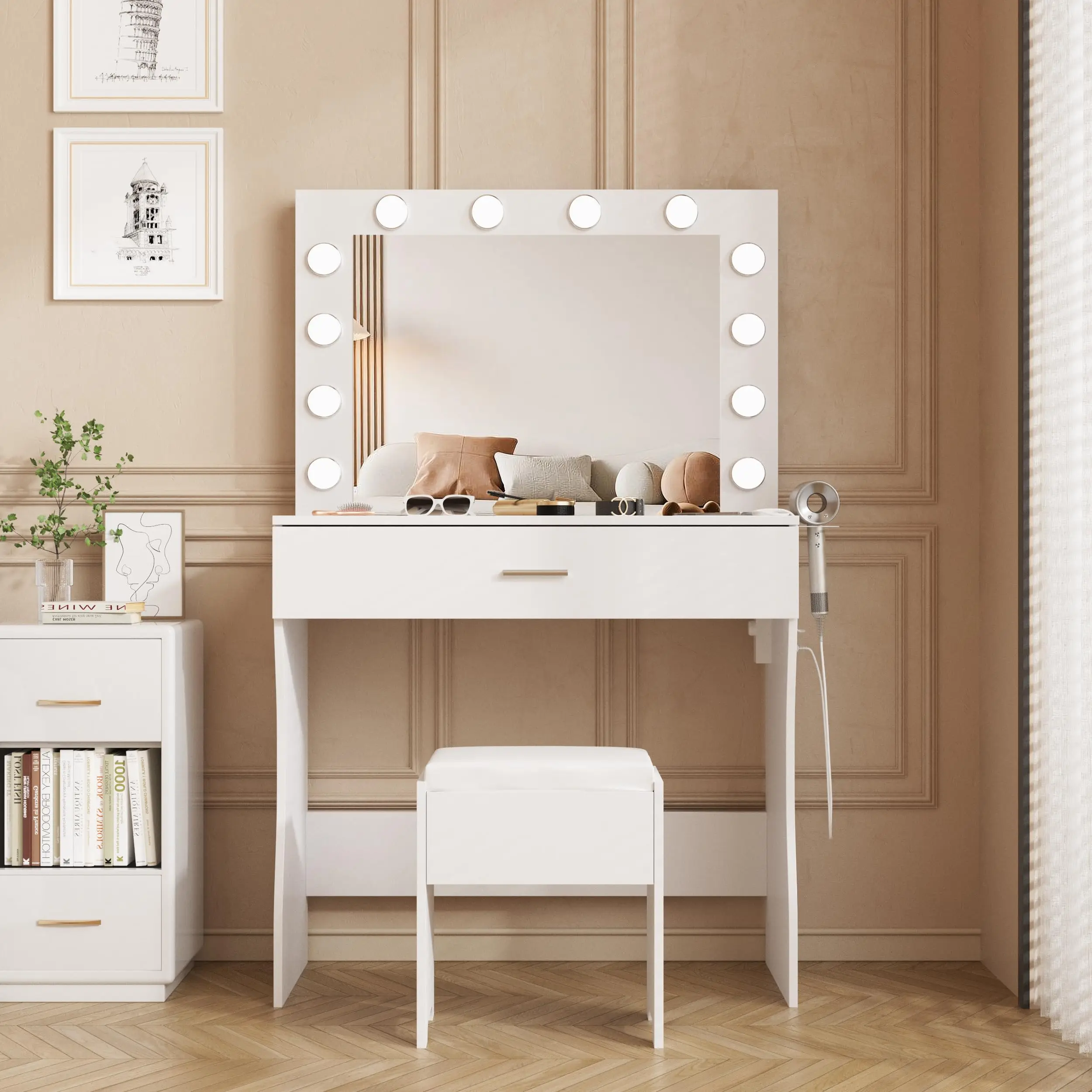 

Vabches Vanity Desk with Lights Mirror Makeup Vanity Set with Storage Drawer & Stool Wooden Small Vanity Table for Girls Bedroom