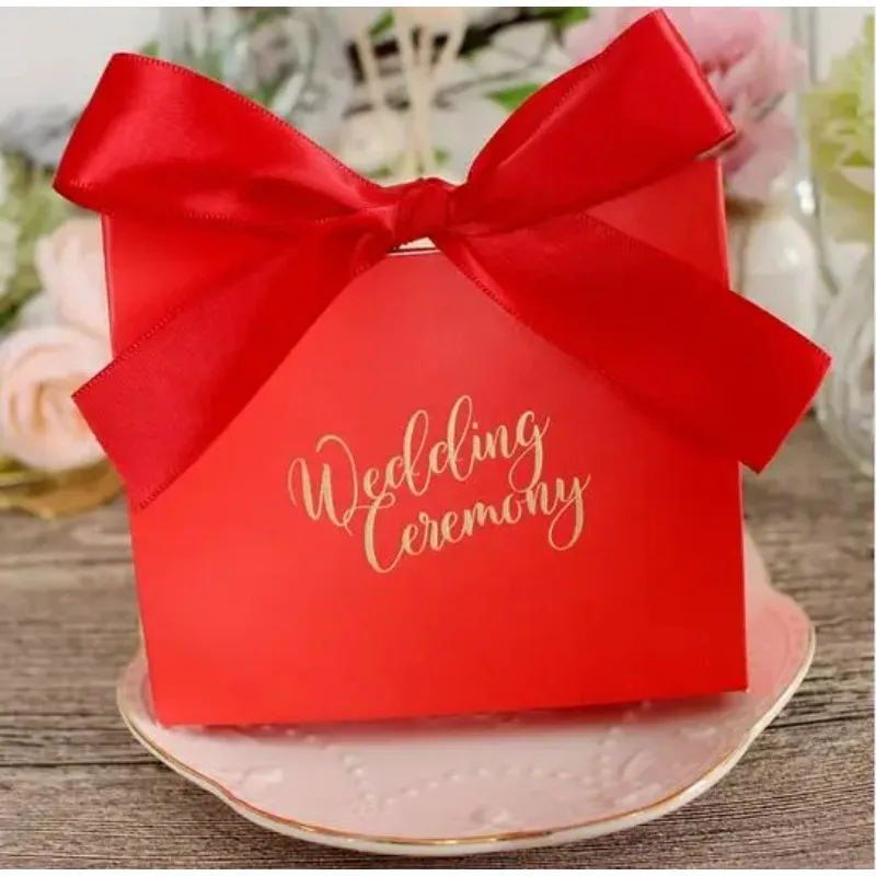 10pcs/lot Small Dark Green Wedding Candy Box With Ribbon Wedding Ceremony Party Decoration Favor Pink Red Gifts Box view 2