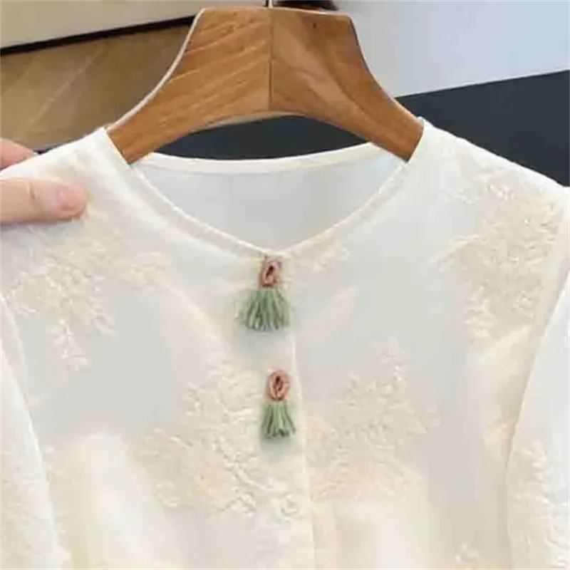 Chinese White Lace Blouse Ladies Shirt Jacquard Embroidered Shirt Long Sleeve Shirt Tops Boutique Women's Clothing Blous