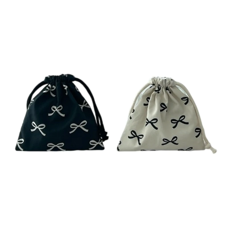 Ribbon Bowknot Pull String Small Bag Functional Cotton Pull Bag with Bowknot Ribbon for Earphones Lipsticks Keys