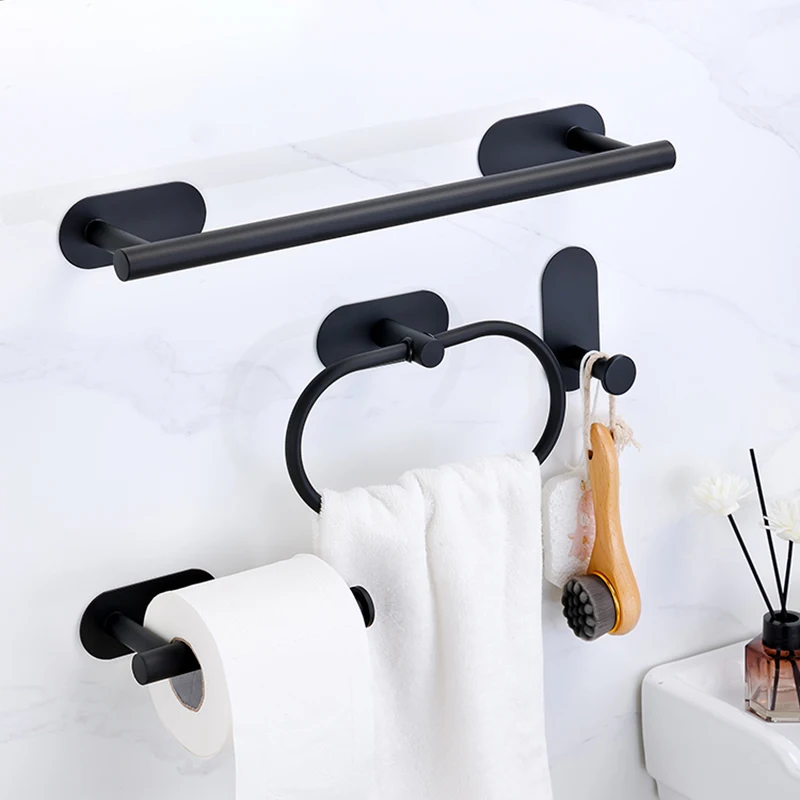 No Drilling Stainless Steel Self-adhesive Towel Bar Paper Holder Robe Hook Towel Ring Black Silver Gold Bathroom Accessories Set