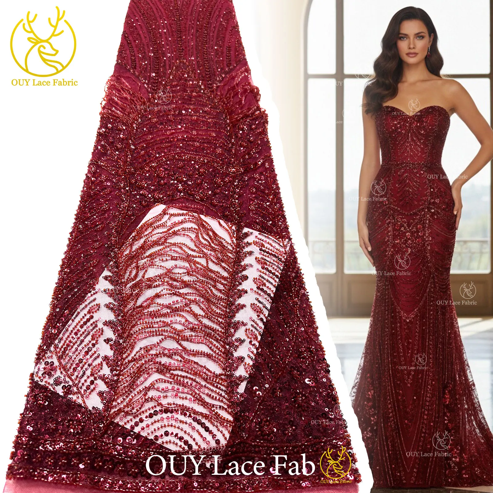 

Luxury African 3D Hand Beaded Lace Fabric 2026 Red Nigerian French Sequin Tulle Lace Fabric for Bridal Party Dress Sewing 5Y