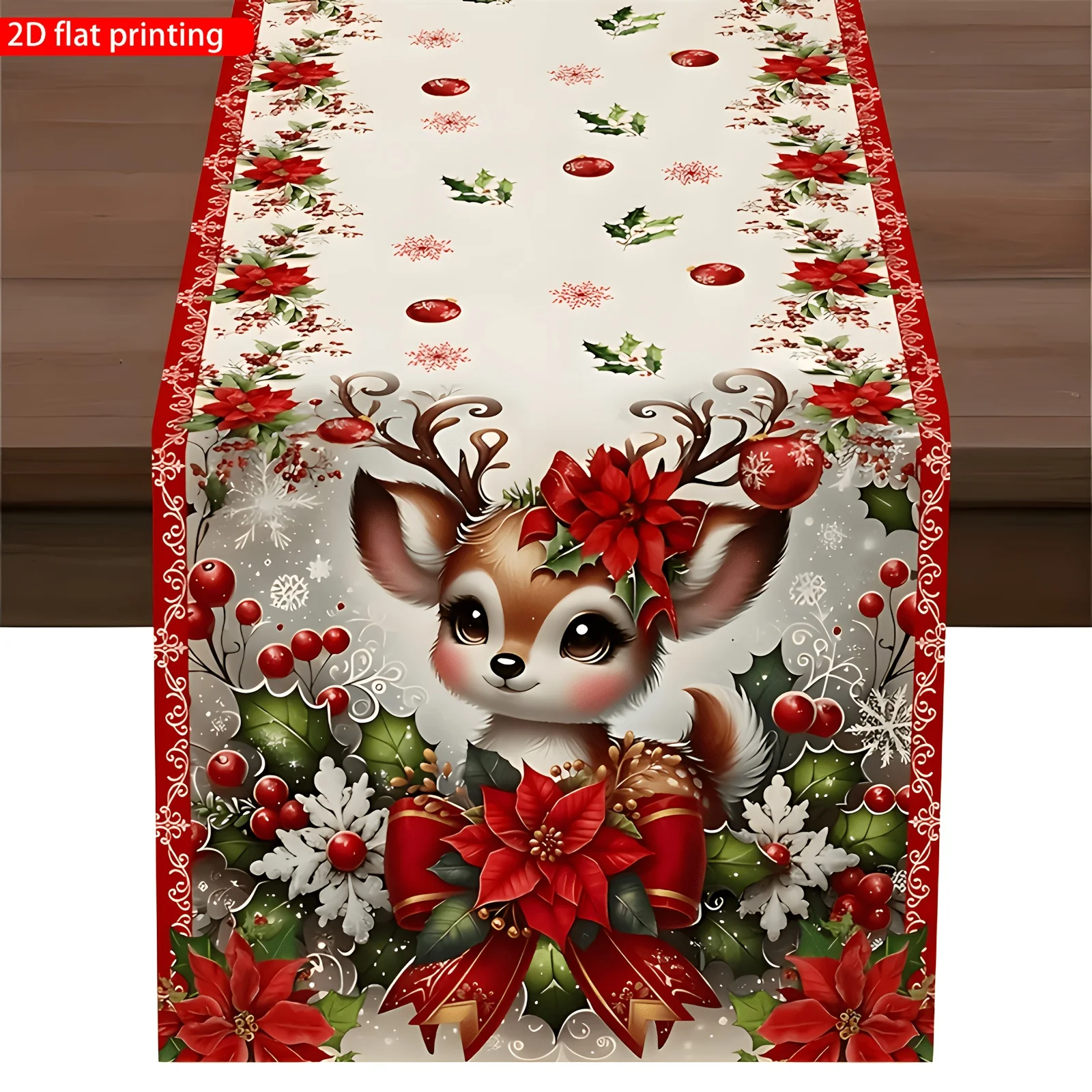 1pc Premium Christmas Table Runner with Reindeer, Berry, Holly Leaf, Christmas Ball & Snowflake Pattern, Winter Theme Elegant Ho