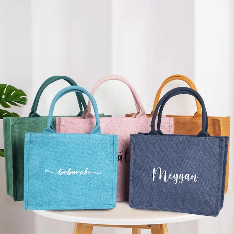 Personalized Colorful Burlap Tote Bags Custom Name Jute Bag Bridesmaid Gift Pink Green Blue Orange Beach Bag Wedding Gift Bag