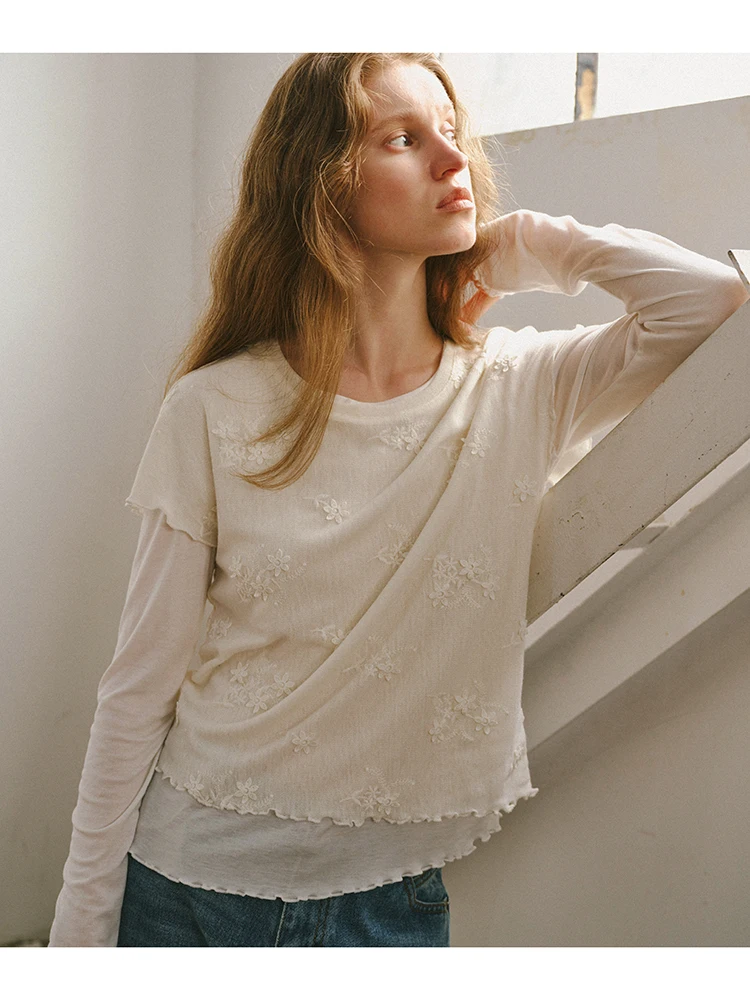 Retro round Neck Lace Long Sleeve T-Shirt Padded Base Layer Shirt Popchrio Casual Style Standard Fit Knitted Polyester Blend