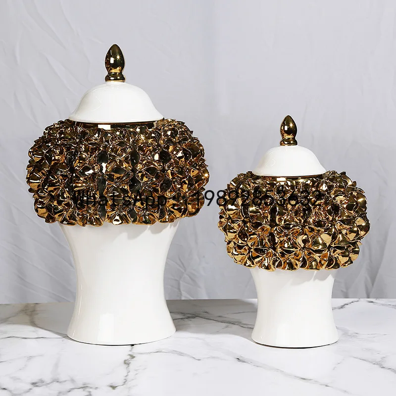 Ceramic General Jar Golden Flower Ginger Jar Relief Flower Vase Sealed Storage Tank Flowerpot Home Decoration Accessories