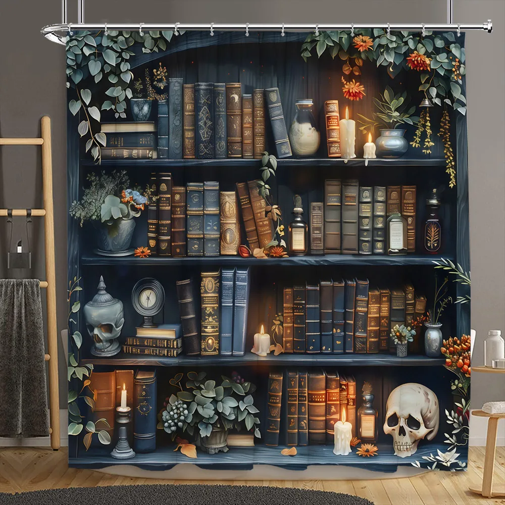 Vintage Library Shower Curtain Old Book Bookshelf Skull Halloween Candles Floral Plant Home Polyester Fabric Bathroom Decor Set