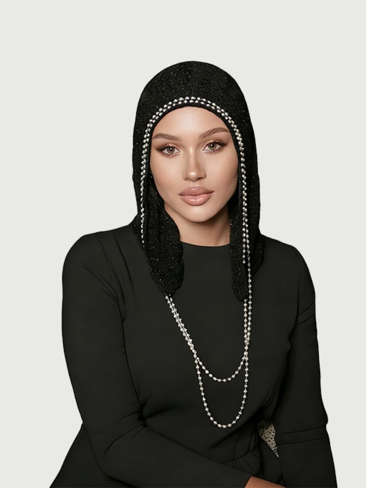 

New Dubai Hood Balaclava Hijab Hat Hand-knitted Hollow Hat, Balaclava Hat Bright Silk Chain Pearl Decoration Bonnet Turban