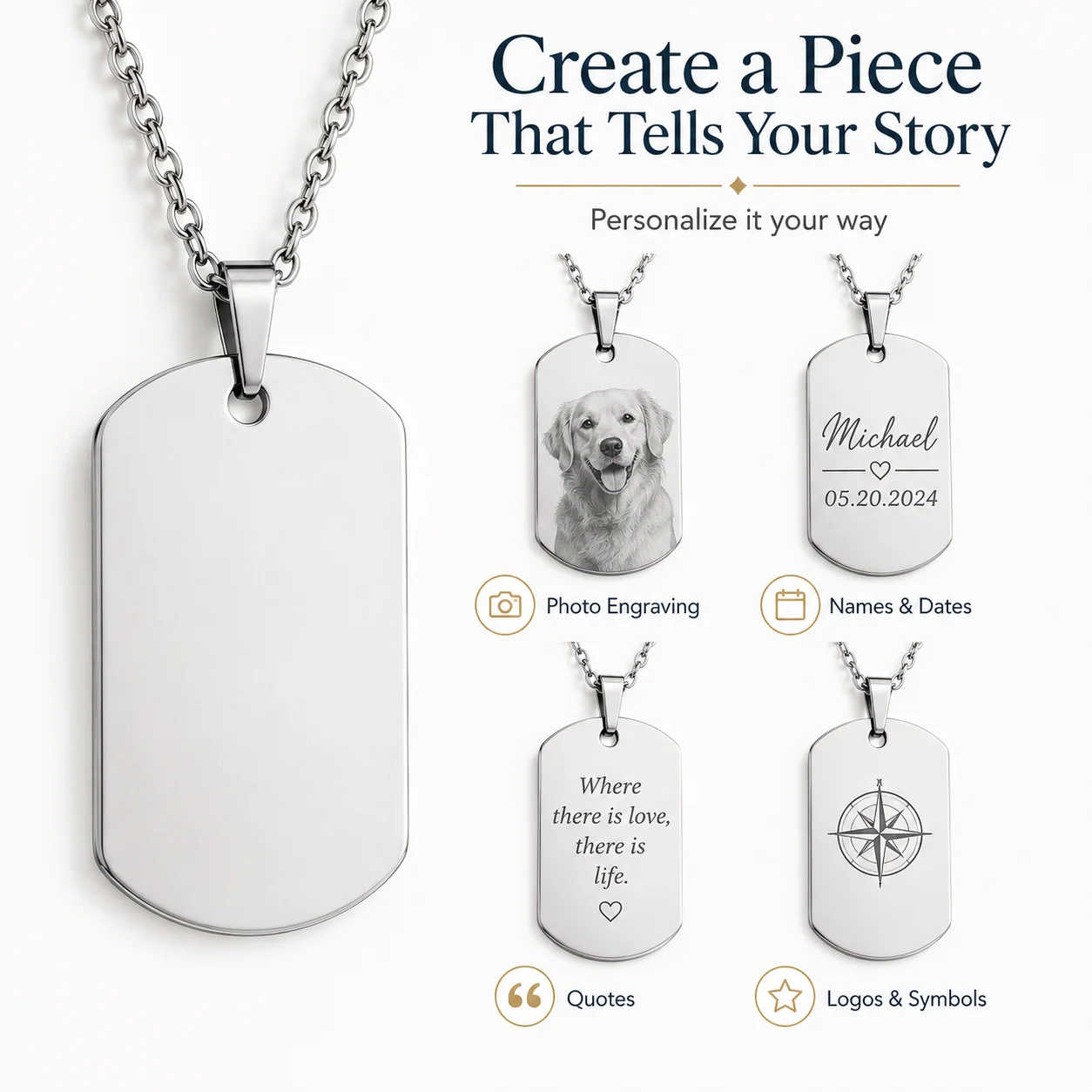 Personalized Custom Text, Pattern, Logo, Photo Metal Tag, Titanium Steel Necklace, Trendy Men's Custom Couple Id Tag Pendant, Dog Tag Made of Stainless Steel