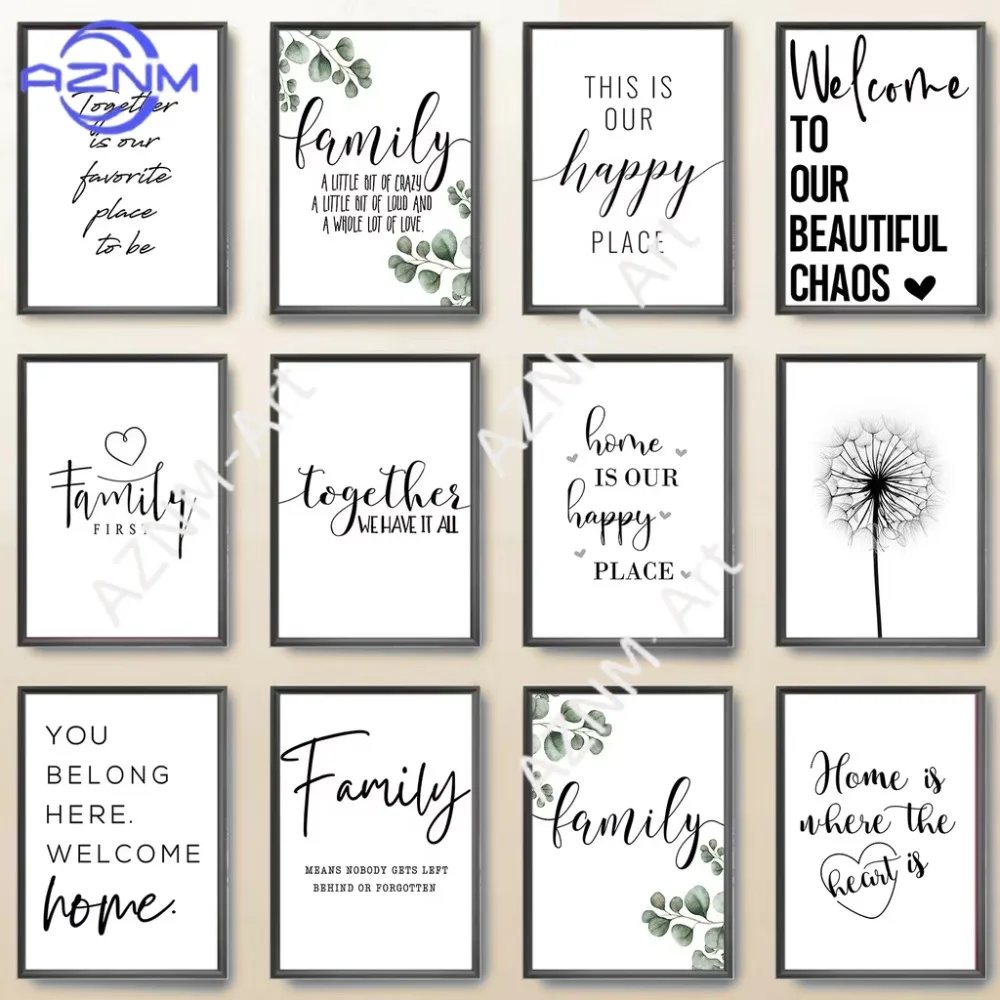 1 Stück Glückliche Familie Zitat Wandkunst Schwarz-Weiß-Poster Liebesherz-Drucke Nordisch-Minimalistisches Bild Leinwanddruck für Wohnzimmer