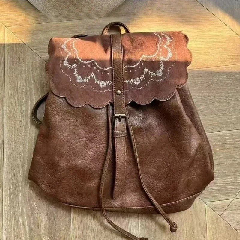 

Maillard Style PU Leather American Retro Sweet Floral Large Capacity Backpack Traveling Bag Schoolbag Woman Bag