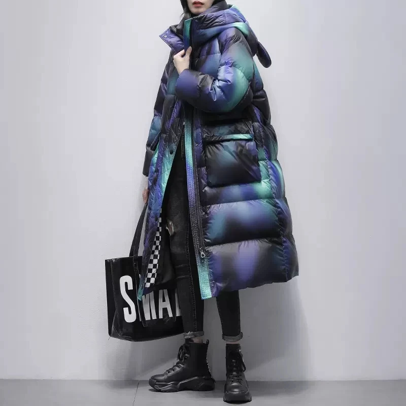 Gradient Color Women Hooded Long Down Coat 2024 Winter New Korea Loose White duck down Thick Snow Jacket Warm Outerwear Parkas