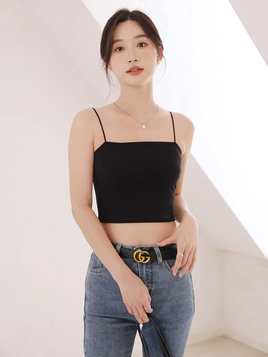 Black Integrated Short Vest Women's Camisole Top Inner Wear High Waist Belt Chest Pad Summer New Arrival Fashion Element Back...