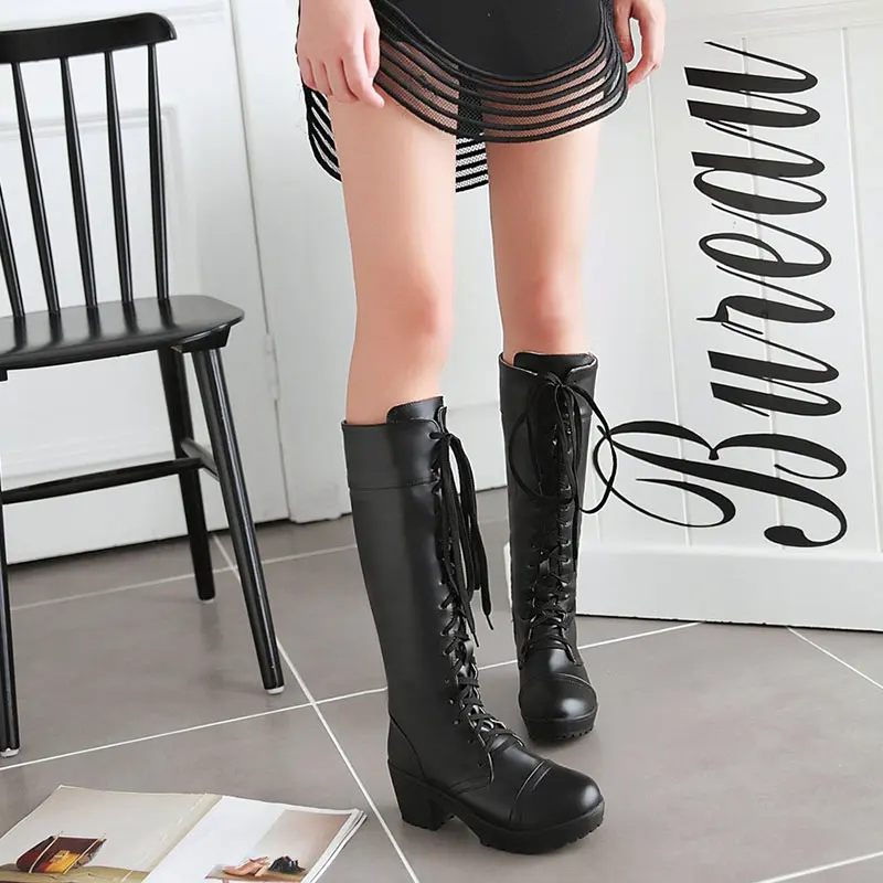 Platform Women's Riding Knee High Boots Lace Up Gothic Motorcycle Boots with Side Zipper Chunky Square Heels Women Combat Boots