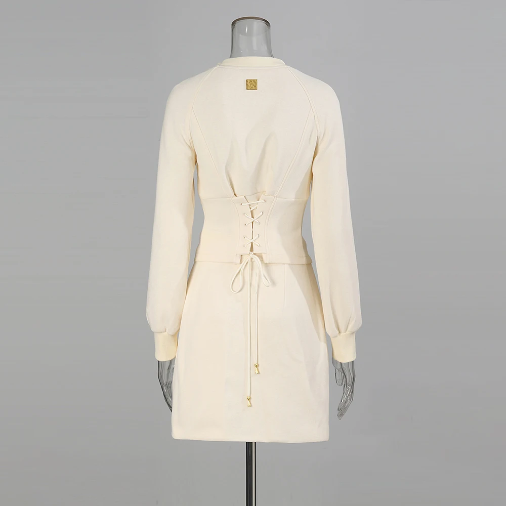 TWOTWINSTYLE, conjunto de dos piezas liso empalmado con una hilera de botones, chaqueta de manga larga con cuello redondo para mujer, conjunto de falda informal para mujer, novedad de otoño