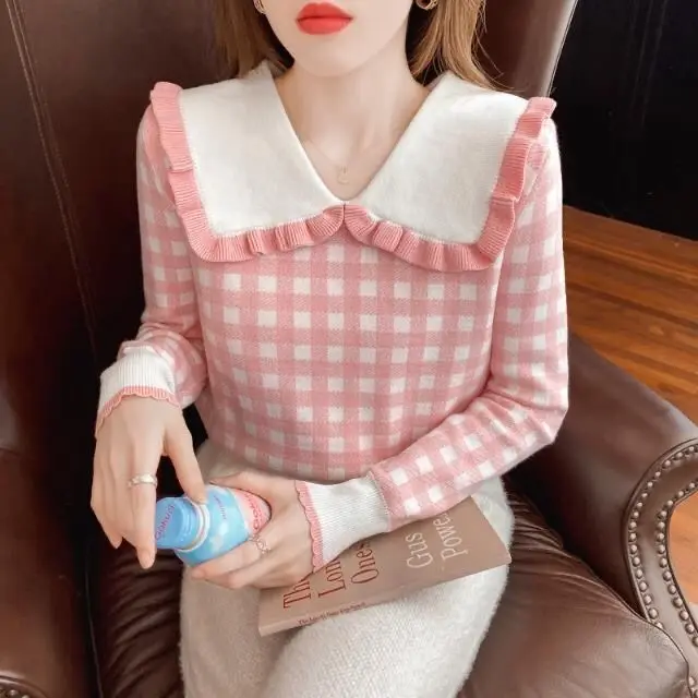 New Doll Collar Checkered Knit Sweater with a Female Design Sense Niche Short Top for Outerwear