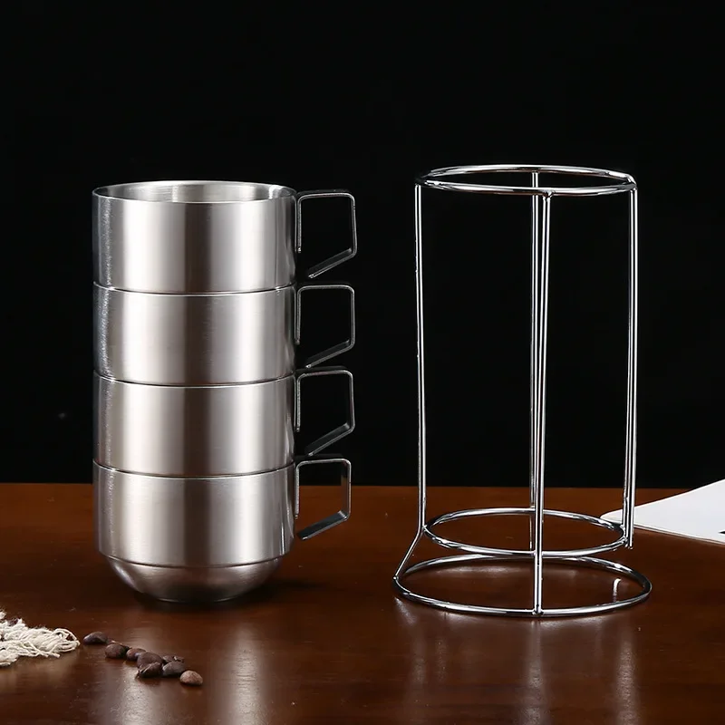 Double-walled Coffee Cup Set 304 Stainless Steel Mugs Coffee Cups Pack 6 Cups Tea Cups Outdoor Heat Insulation Anti-scalding