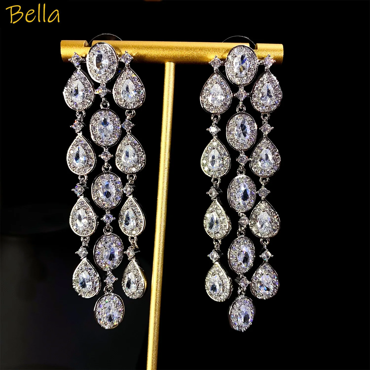 

large long earrings for women dinner party luxury jewelry zirconia water drop chain tassel earrings wedding gold silver color