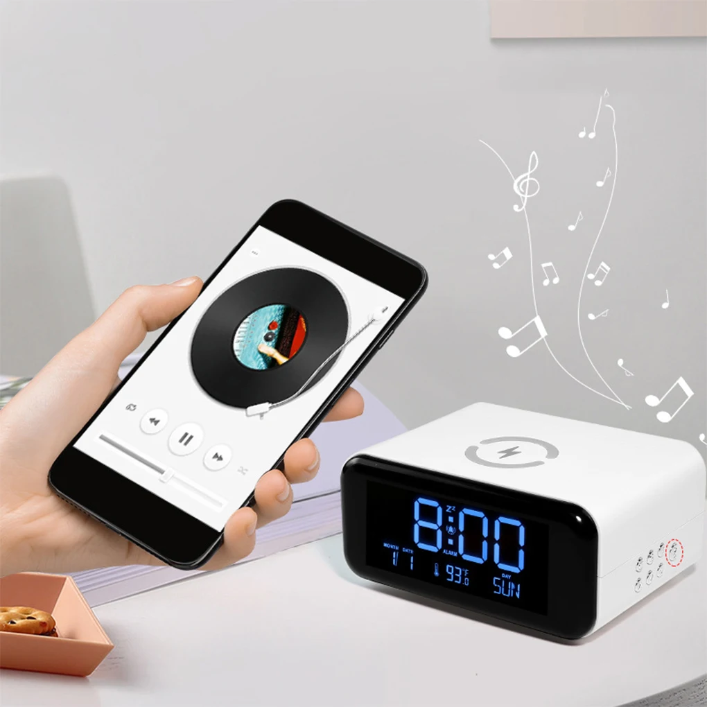 3/4 in 1 Smart Digital Alarm Clock Wireless Charger Bluetooth Speaker Alarm Clock Third Gear Dimming HD LED Display Desk Clock