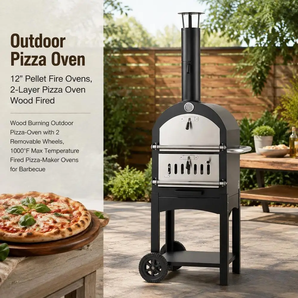 Schwarzer Outdoor-Pizzaofen aus Eisen, 540 x 445 x 1420 mm, zweischichtige Struktur mit abnehmbaren Rädern, ideal für Garten und Terrasse
