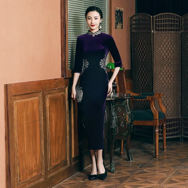 Yourqipao High-End-Samt Cheong sam Herbst und Winter Chinesisch verbessert Langarm Qipao Mutter Hanfu Kleid