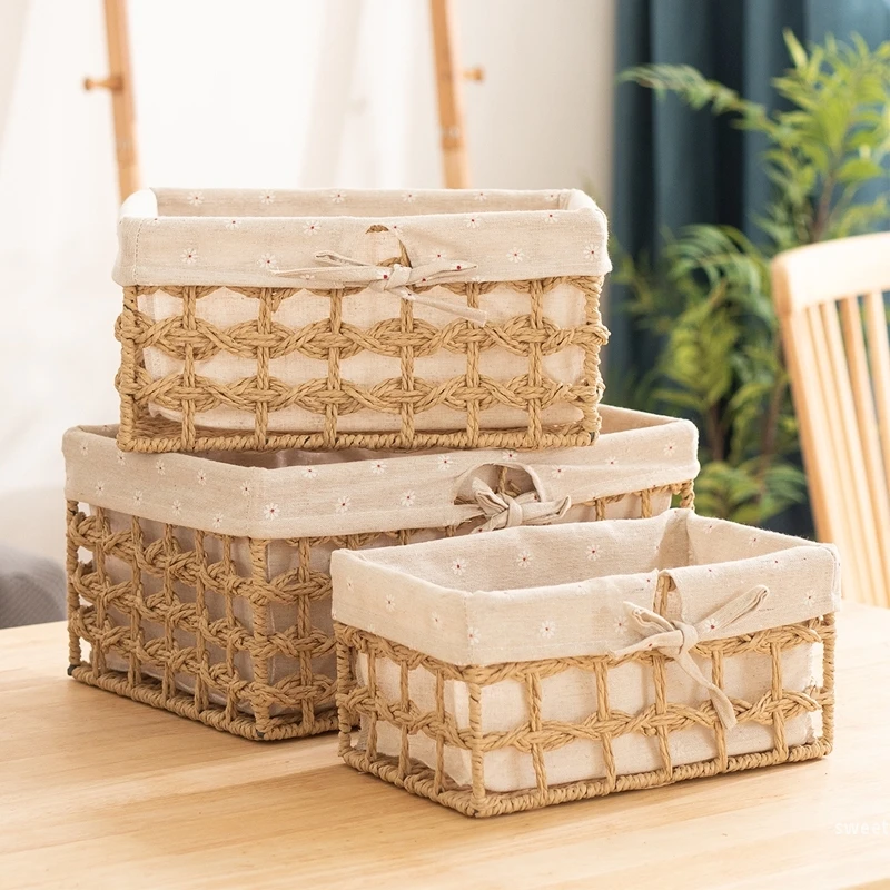 Fabric Lining Storage Basket Imitation Rattan Weaving Desktop Sorting Cosmetics Sundries Toy Storage Basket Cabinet Organizer