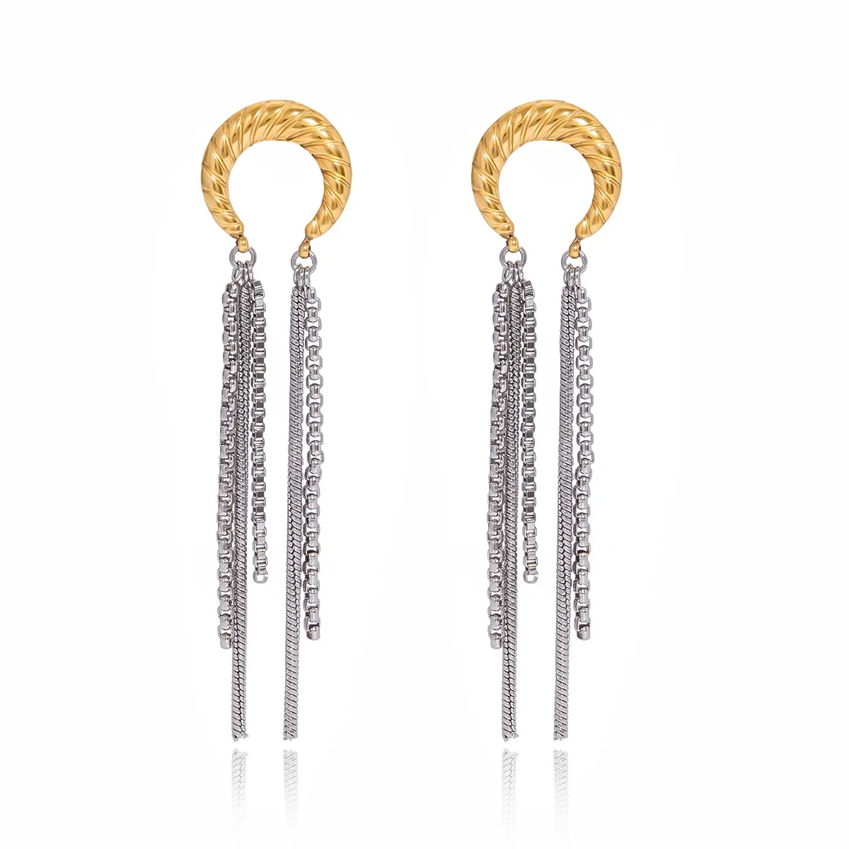 

18K Gold Plated Stainless Steel Earrings with Gold Silver Color Matching Screw Thread Moon Tassel Jewelry