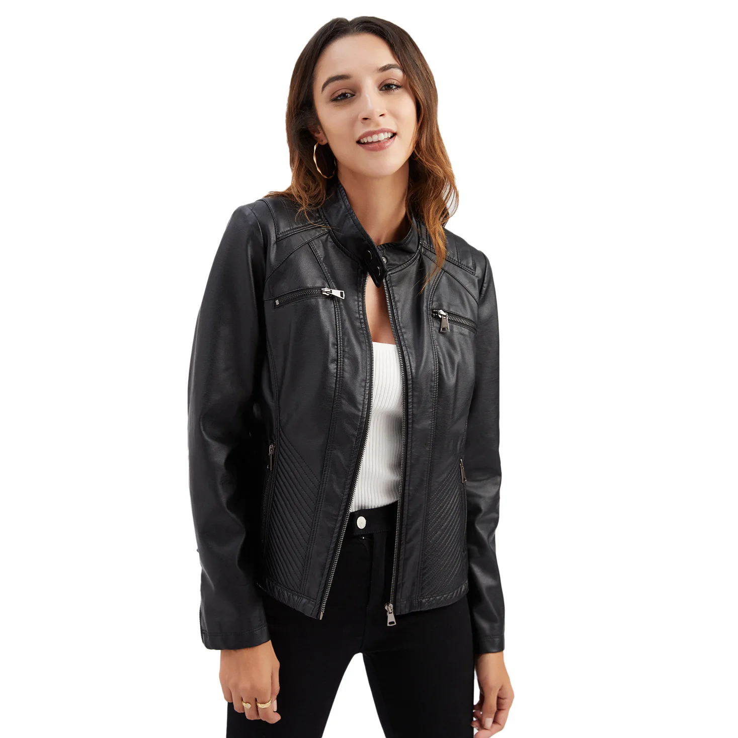 2024 new women\'s casual leather jacket standing collar slim solid color coat