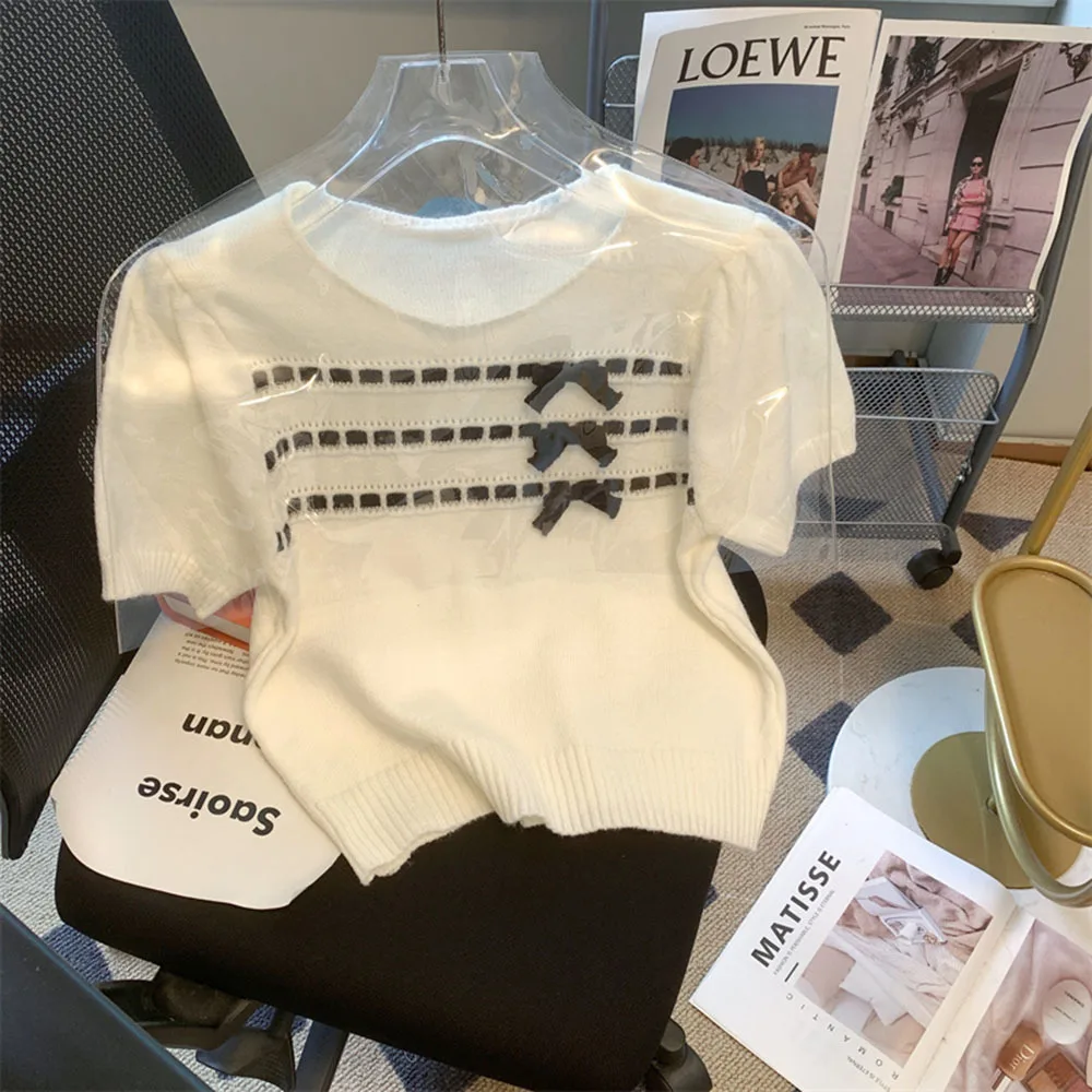 2024 New Summer French Bow Short Sleeve Knitted T-Shirt Women\'s Soft Knitwear Crop Top Puff Sleeve Pullover Sweater Mujer Jumper