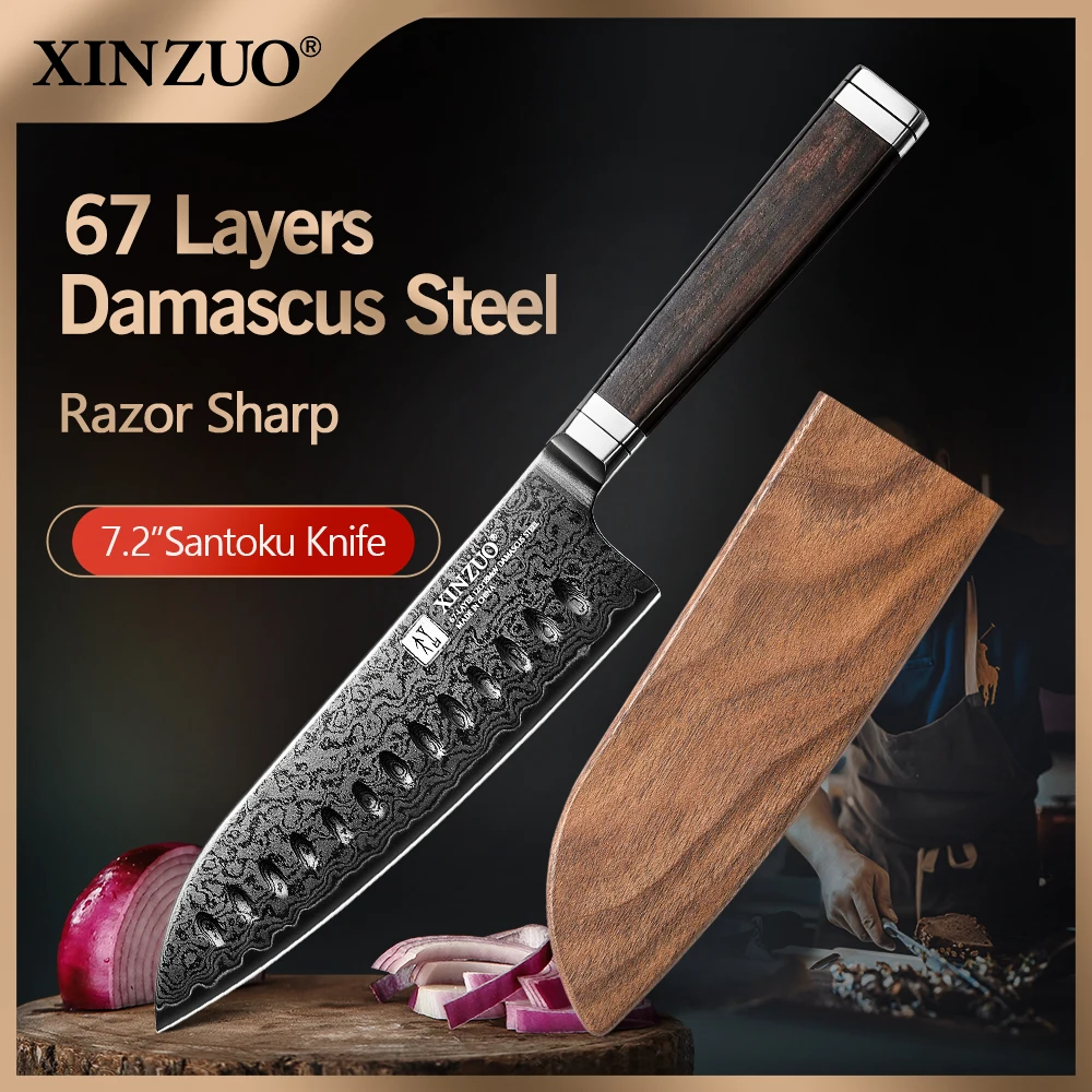 XINZUO 7.17 Inches Santoku Knife Upgraded Black Titanium 67 Layer Damascus Chef Knife Original Design For Professional Kitchen