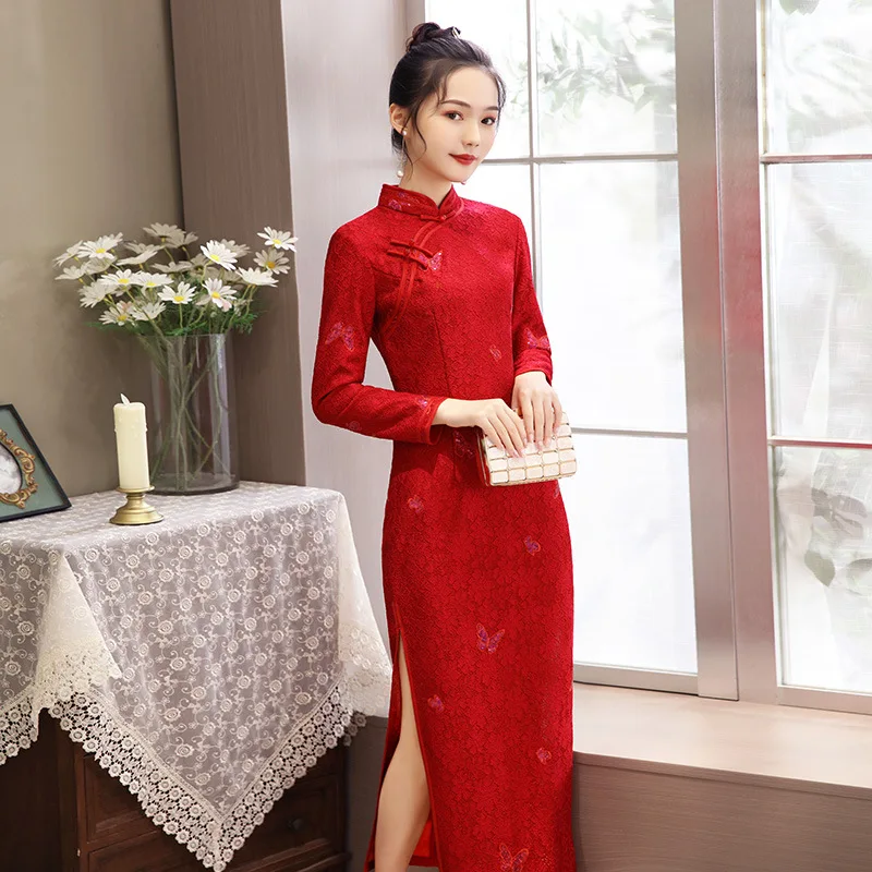 

Women Wedding Social Etiquette Dress Lace Autunm Winter Lady Qipao Embroidery Chinese Traditional Female Cheongsam