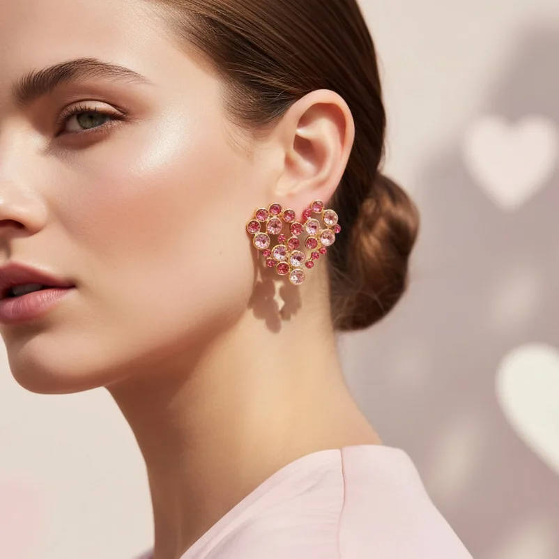 Sweet and cute design sense alloy diamond-encrusted love stud earrings female Korean style high-end sense super flash heart-shap