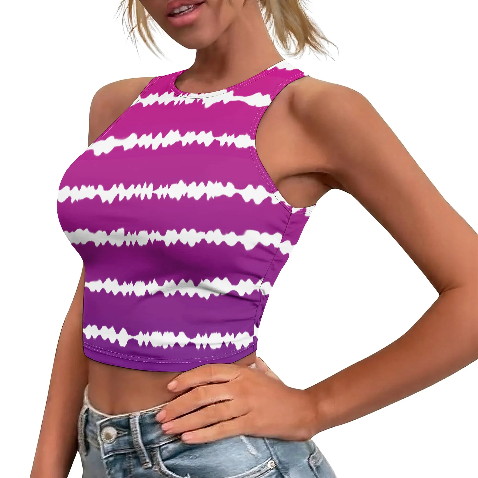 Purple Wave Crop Top, Tie Dye Tank Top, Striped Halter Vest, Summer Casual Wear, S-2XL