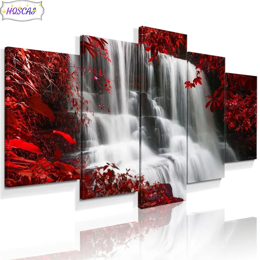 5pcs 5d diamond Painting Maple leaves, waterfalls  Full Round Square Drill Mosaic Wall Art Picture Home Decoration Birthday Gift