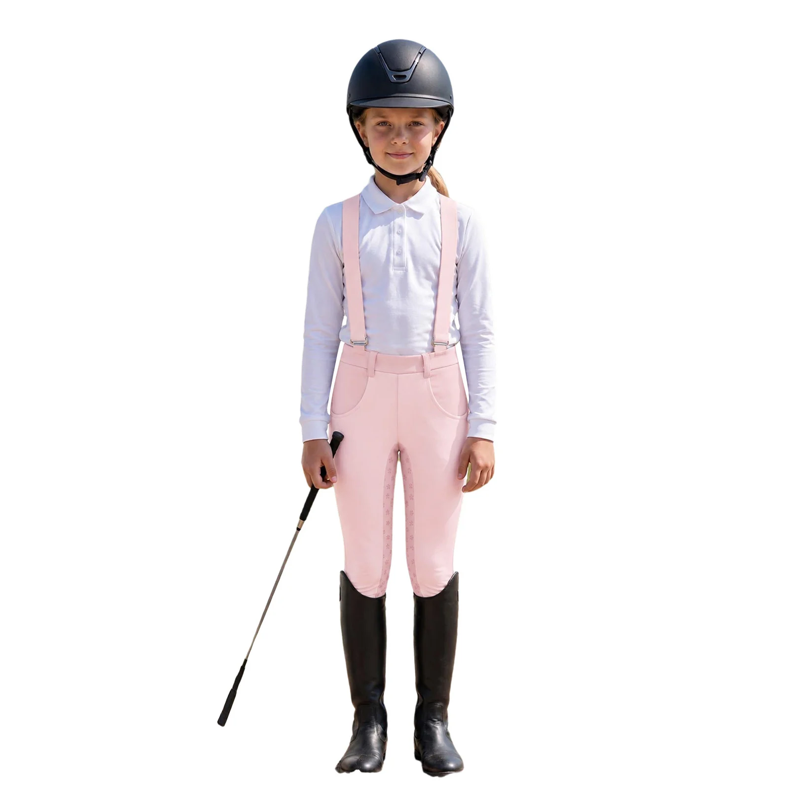 Reithose für Mädchen, elastischer Bund, Sportleggings mit Taschen und Schultergurten. – Detail 5