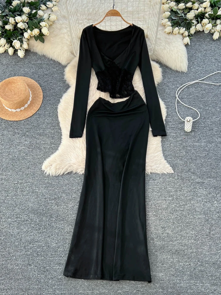 

Ele Hollow Out Lace Splice Long Sve Slim Fit Dr Женская модная осенняя одежда с высокой талией Повседневная рабочая одежда